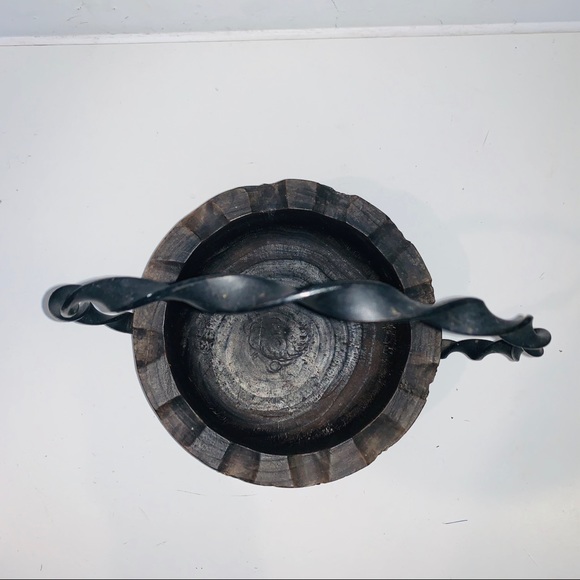 Solid Wood Carved Basket w/ Twisted Iron Handle - Picture 5 of 8